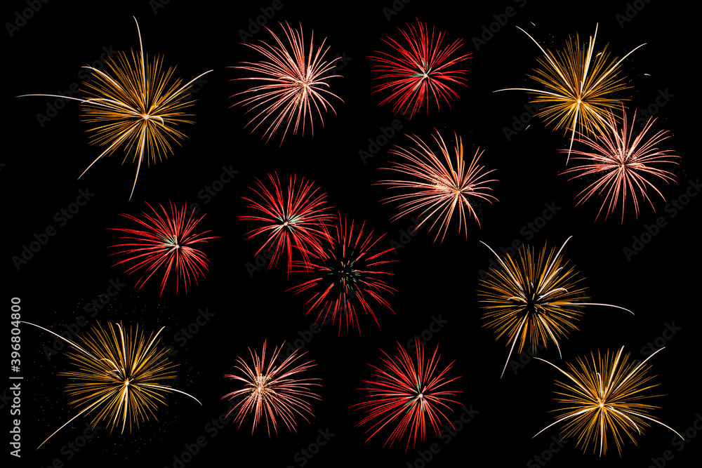 Fototapeta premium Colorful fireworks bursts on black background