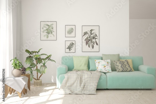 White living room with sofa. Scandinavian interior design. 3D illustration