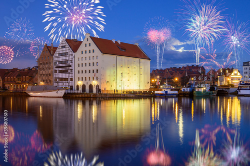 New year celebrate fireworks over Old Town of Gdansk. Poland, Europe © vivoo