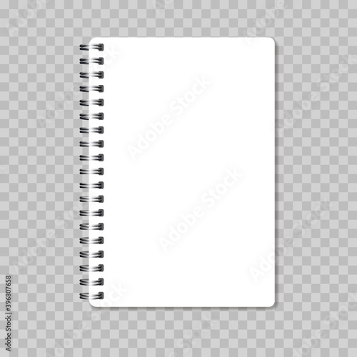 Vector Realistic closed Notebook. Mockup. Copybook with metal spring. Blank White template with shadow on transparent background. Copybook, booklet, journal, organizer, diary. EPS10.