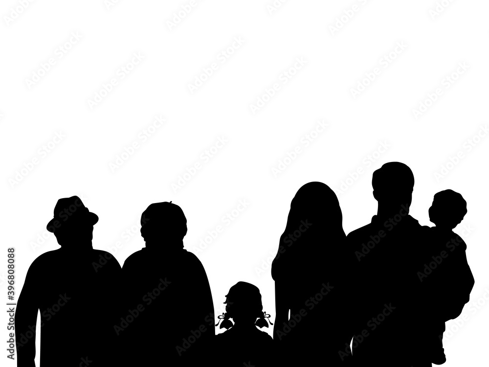 Silhouettes family grandparents father mother and two children from back closeup
