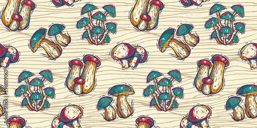Colored seamless pattern wallpaper. Vector illustration of mushrooms. Autumn mushroom picking for vegan food and cooking design