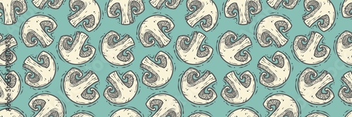 Colored seamless pattern wallpaper. Vector illustration of champignon. Autumn mushroom picking for vegan food and cooking design