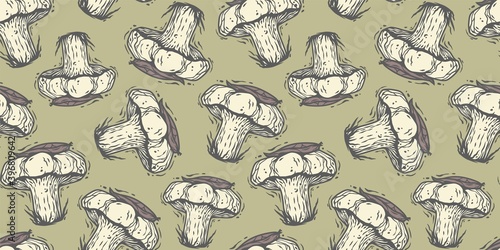 Colored seamless pattern wallpaper. Vector illustration of milk agaric. Autumn mushroom picking for vegan food and cooking design