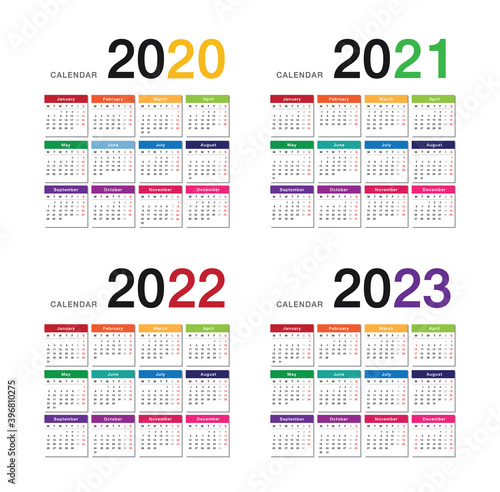 Year 2020 and Year 2021 and Year 2022 and Year 2023 calendar vector design template, simple and clean design for organization and business. Week Starts Monday. 