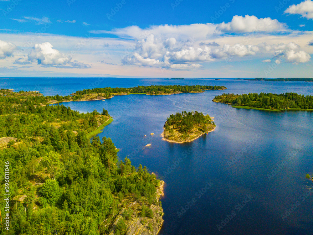 Stone islands archipelago of the great north lake Ladoga.  Karelia, Aerial view