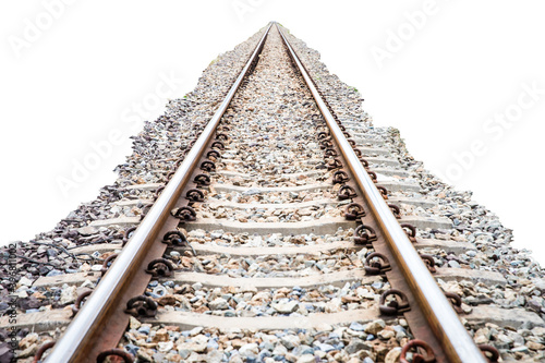 Rail track and rocks isolated on a white background, railroad, railway, train tracks