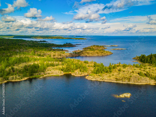 Stone islands archipelago of the great north lake Ladoga. Karelia, Aerial view