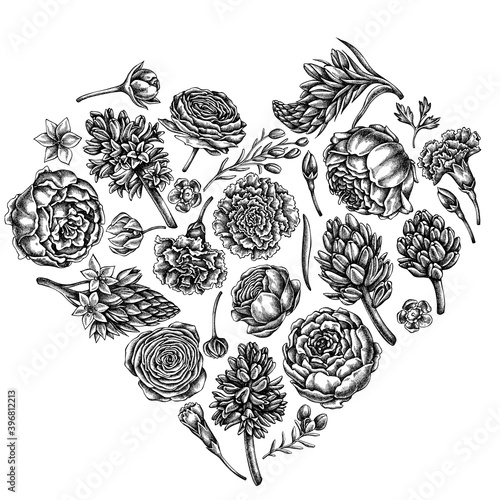 Heart floral design with black and white peony, carnation, ranunculus, wax flower, ornithogalum, hyacinth
