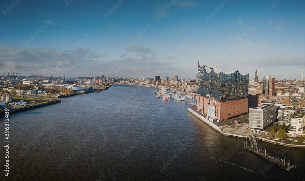 Aerial view of the port of Hamburg with the Elbphilharmonie Aerial view of the port of Hamburg with the Elbphilharmonie