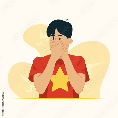 Young man covering mouth with hands, shocked, mistake, secret