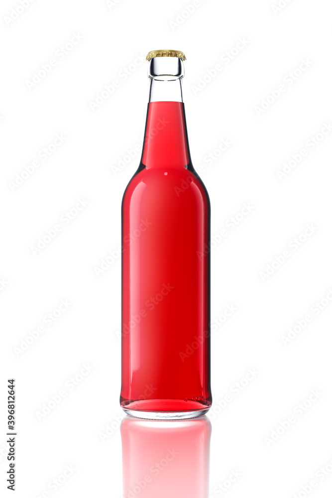 One bottle with red liquid, metal cap against glossy white background. One bottle with red liquid, metal cap against glossy white background.