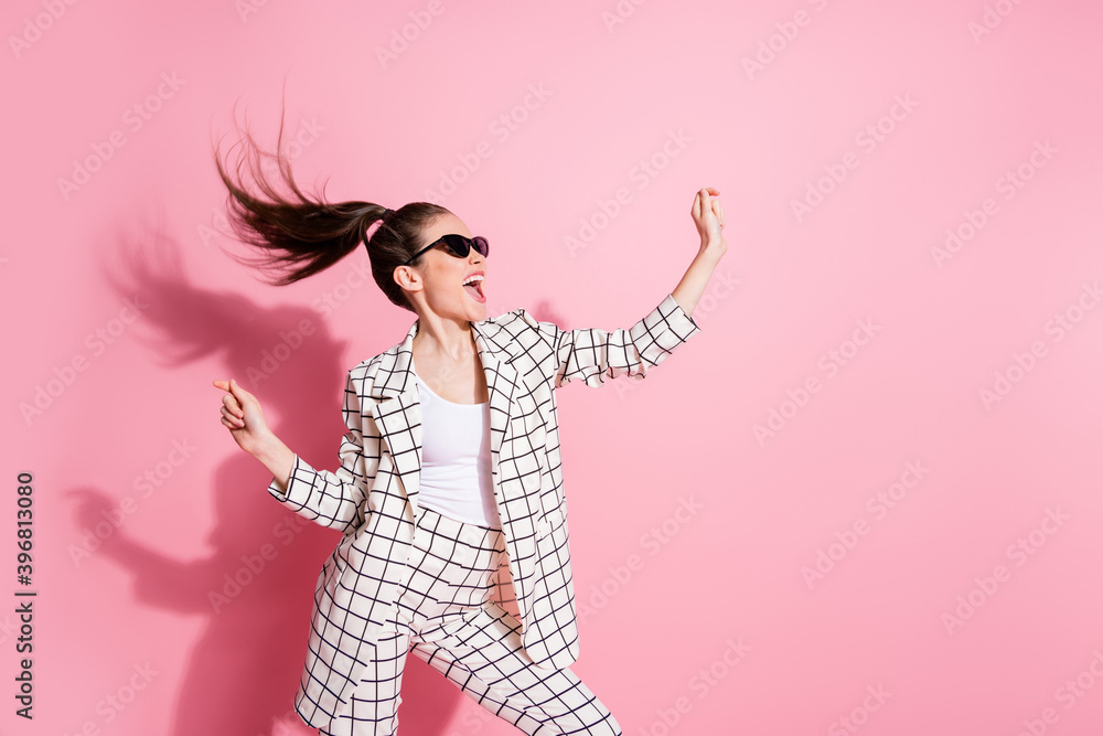 Photo of young beautiful crazy carefree girl have fun enjoy music dance happy smile positive smile isolated over pastel color background