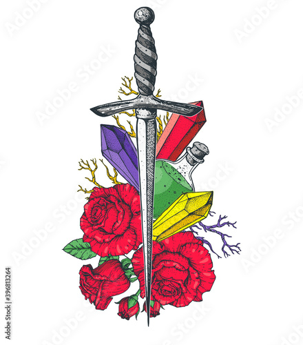 Dagger, roses and mystical items. Hand drawn vector illustration. Colorful illustration . Tattoo print. T-shirt design.