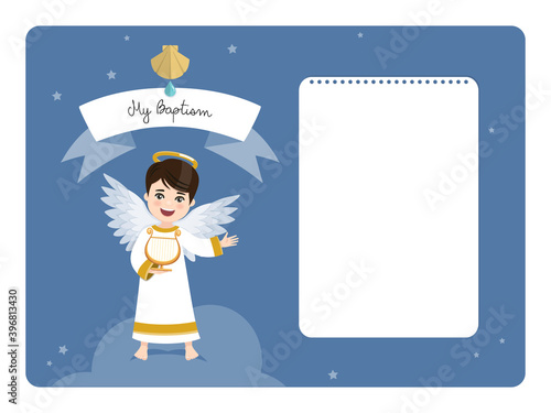 Angel playing the harp. Baptism horizontal invitation with message. Vector illustration