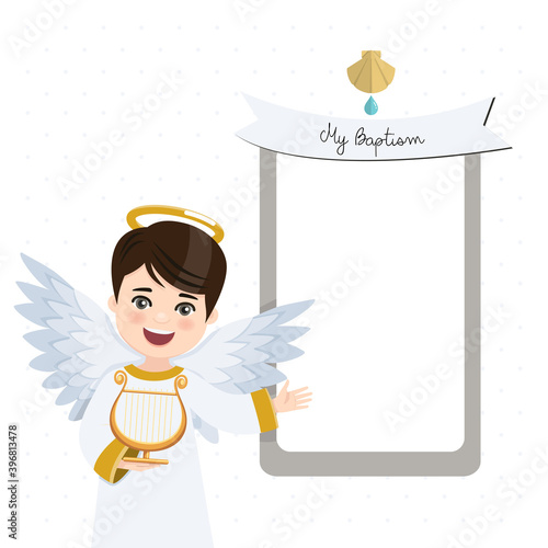 Foreground angel playing the harp. Baptism invitation with message. Vector illustration