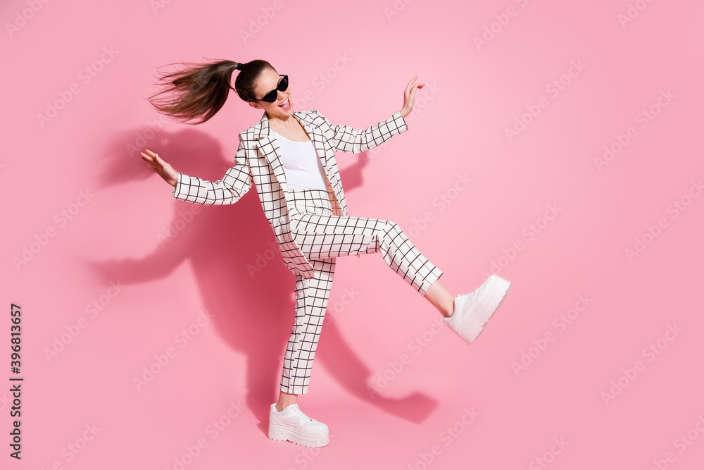 Full body photo of young attractive woman go walk happy positive smile have fun isolated over pastel color background Full body photo of young attractive woman go walk happy positive smile have fun isolated over pastel color background
