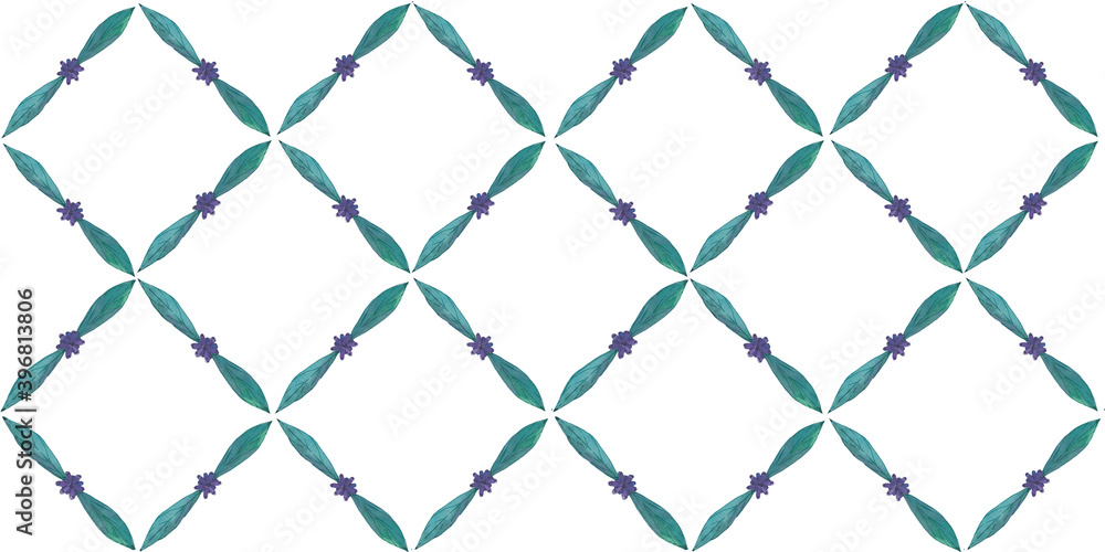 Fototapeta premium Seamless abstract pattern with lavender leaves and flower in square on white background