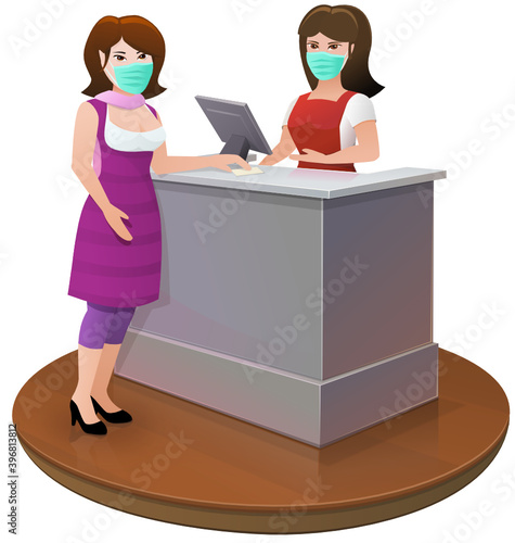 Mag with a surgical mask takes a ticket at the counter (cutout)