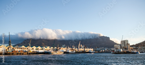 View of Table Mountain in Cape Town South Africa from a boat just outside the harbour and the victoria & alfred waterfront
