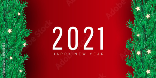 Merry Christmas and Happy New 2021 Year Holiday minimal background with fir tree branches and star lights on red gradient background. Flat lay, top view.