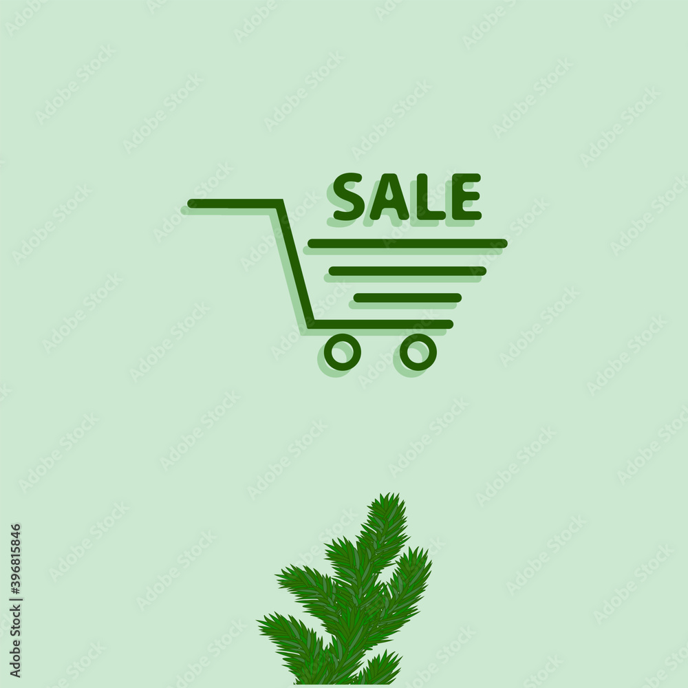 Fototapeta premium Shopping cart, Christmas tree branch - vector. Banner. Winter sale.