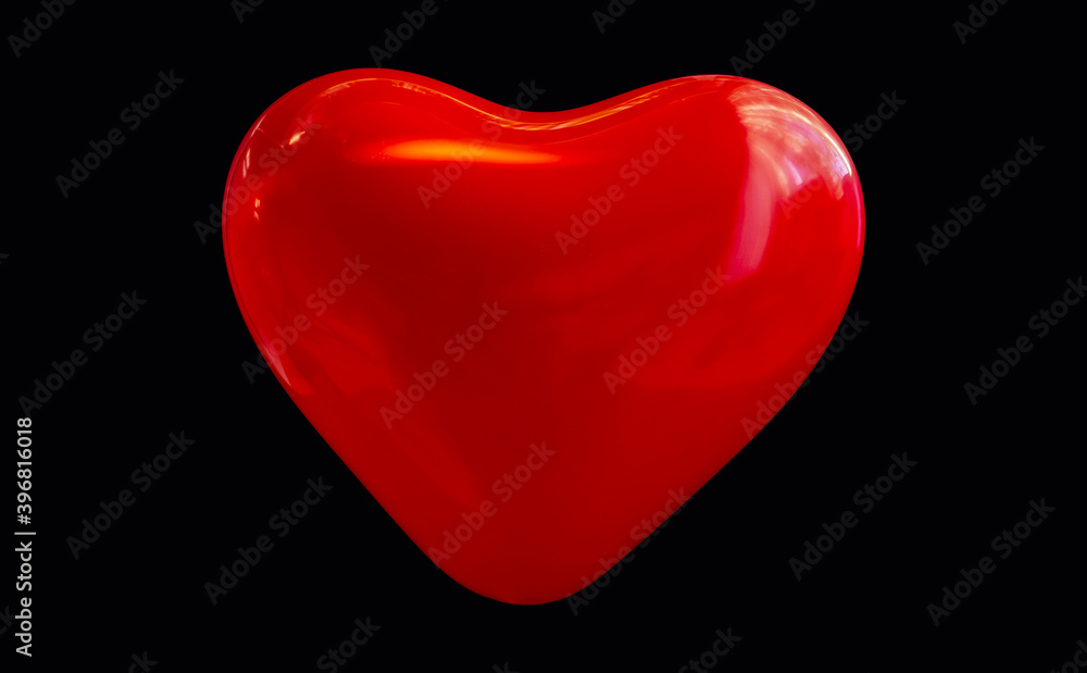 Big red heart on black isolated background. A shiny, festive balloon. 3d image for your greeting card, invitation, party, Valentine's Day