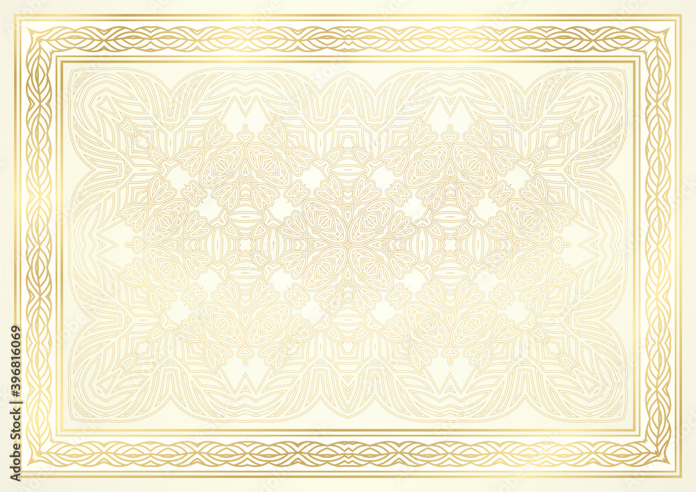 Gold elegant background with golden border (frame), curve pattern with fine line ornament. Premium template for certificate, invite, diploma