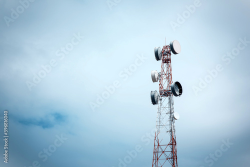 Telecommunication tower Antenna with cloudy and blue sky, Communication tower, Mobile phone 4G 5G network telephone cellsite with copy space.