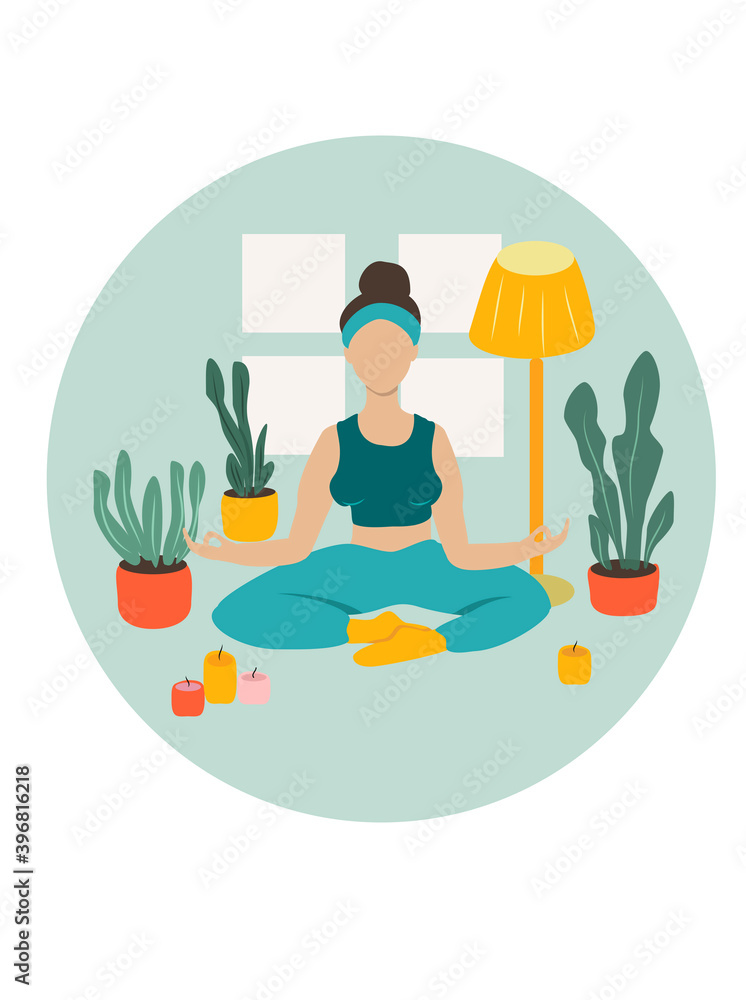 vector hand drawn illustration. the girl is engaged in yoga, sits in the lotus position, surrounded by plants and candles. Illustration for web sites, applications - obrazy, fototapety, plakaty 