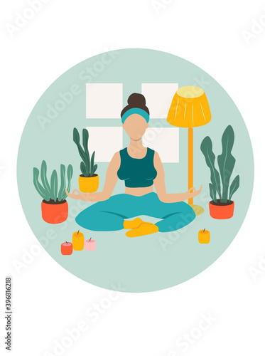 vector hand drawn illustration. the girl is engaged in yoga, sits in the lotus position, surrounded by plants and candles. Illustration for web sites, applications