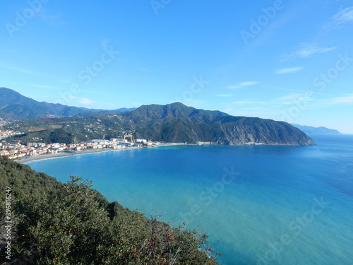 looking over Riva Trigoso and Punta Baffe from Punta Manara  Sestri Levante  Genoa province  Liguria  Italy