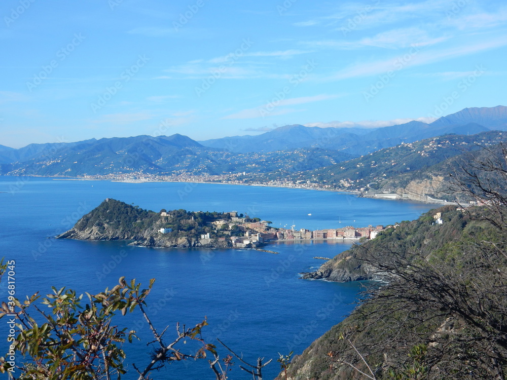 looking to Sestri Levante and the Tigullio gulf from Punta Manara, Genoa province, Liguria, Italy