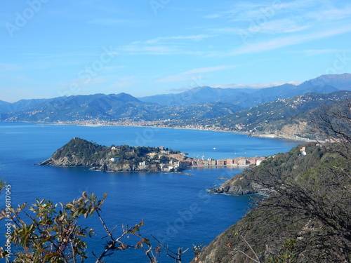looking to Sestri Levante and the Tigullio gulf from Punta Manara, Genoa province, Liguria, Italy