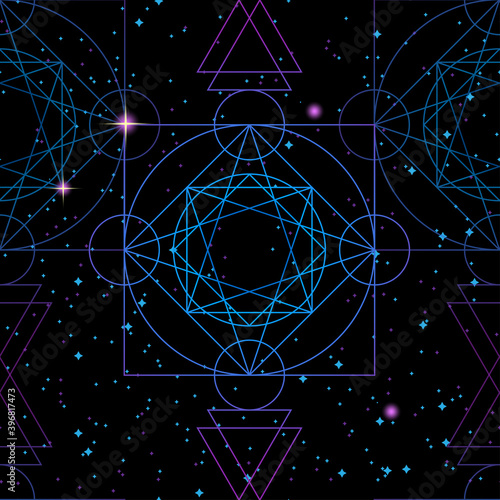 Outline geometric shapes on dark space background. Sacred geometry seamless pattern.