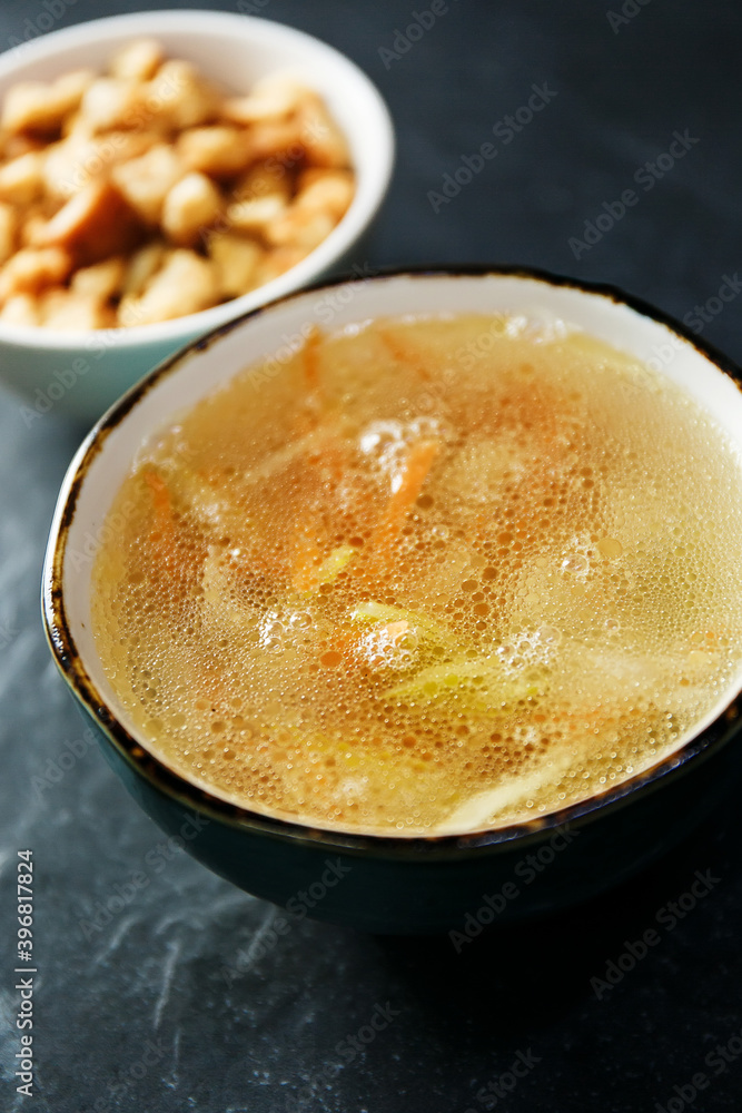 Hot chicken soup. Hearty European lunch Hot chicken soup. Hearty European lunch