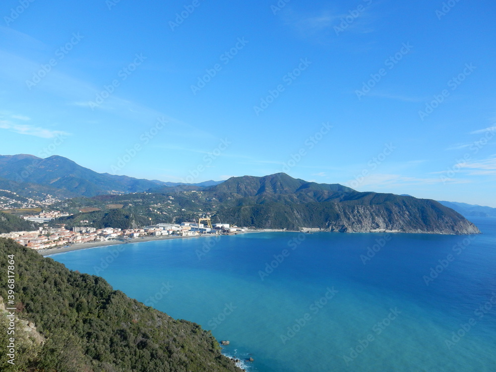 looking over Riva Trigoso and Punta Baffe from Punta Manara, Sestri Levante, Genoa province, Liguria, Italy