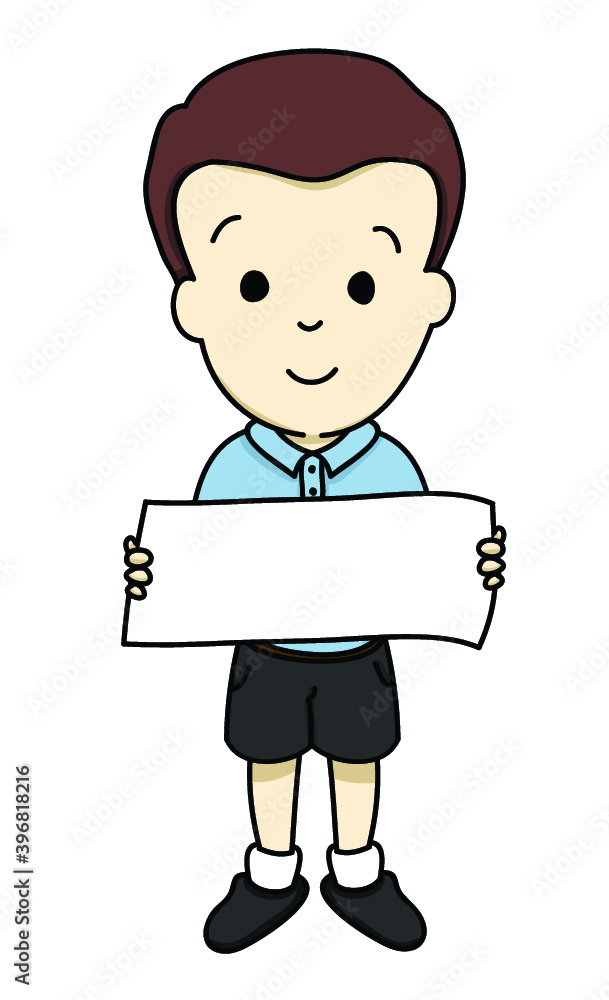 Boy wearing blue polo shirt and short pants holding blank paper. Boy wearing blue polo shirt and short pants holding blank paper.