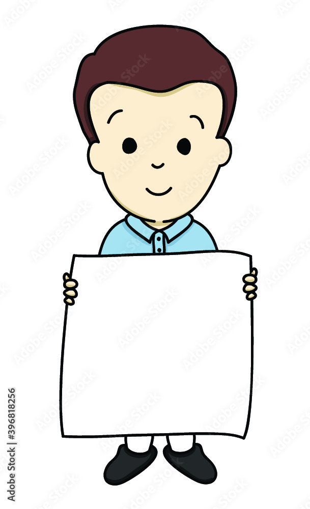 Boy wearing blue polo shirt and short pants holding blank paper. Boy wearing blue polo shirt and short pants holding blank paper.