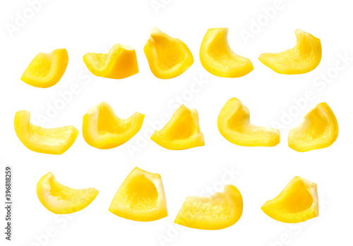 Yellow fresh bell pepper sliced strips isolated on white background.Clipping path.