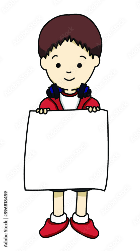 Boy wearing red hoody jecket holding blank space paper Boy wearing red hoody jecket holding blank space paper
