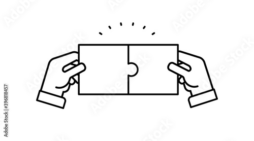 Hands holding two jigsaw puzzle pieces together to find a solution. Flat concept design vector illustration