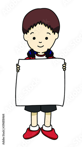 Boy wearing red hoody jecket holding blank space paper photo