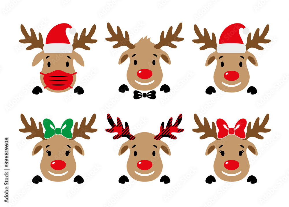 Cute red-nosed reindeer with face mask, Santa hat, bow. Deer face. Vector illustration Cute red-nosed reindeer with face mask, Santa hat, bow. Deer face. Vector illustration