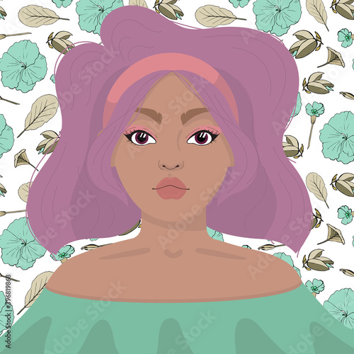 vector illustration of a young woman. Creative portrait of a girl in a green dress. Beautiful floral backdrop.