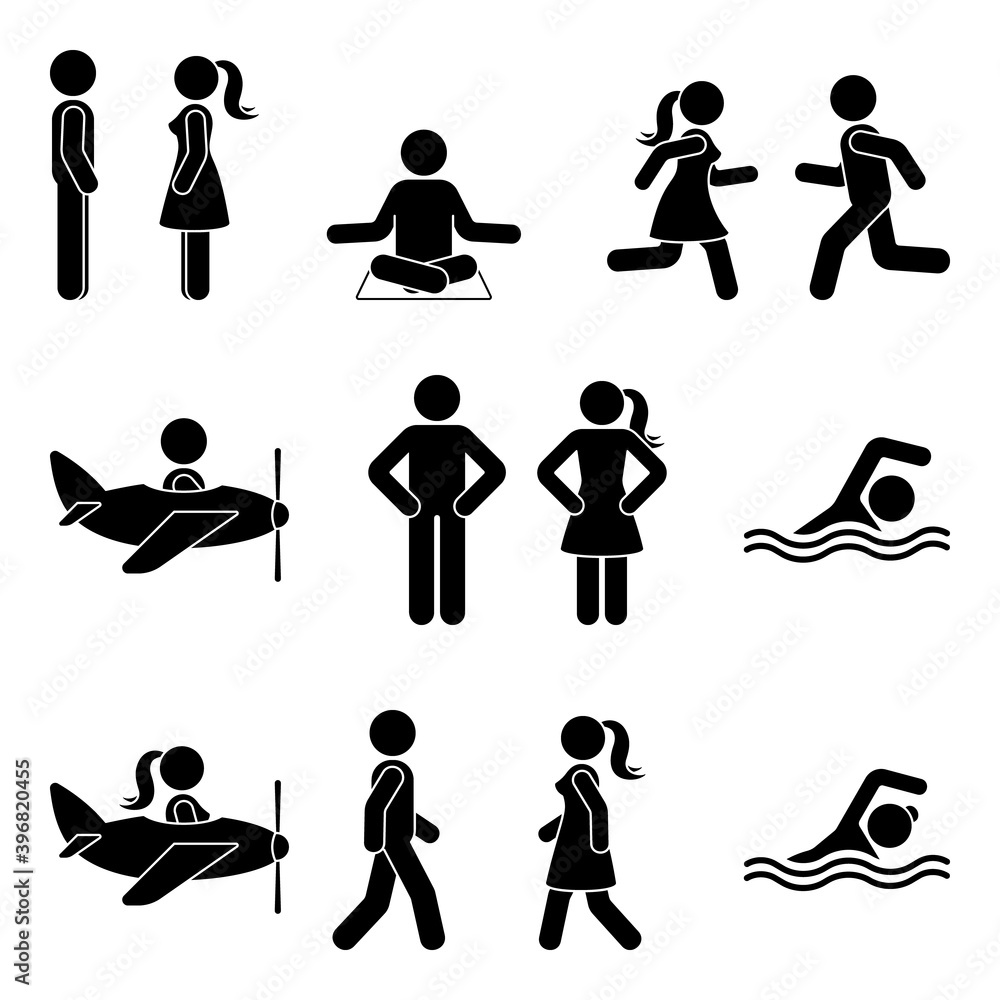 Young active stick figure man and woman couple flying, swimming, standing, walking, running, sitting, meditating vector illustration pictogram icon set on white background Young active stick figure man and woman couple flying, swimming, standing, walking, running, sitting, meditating vector illustration pictogram icon set on white background