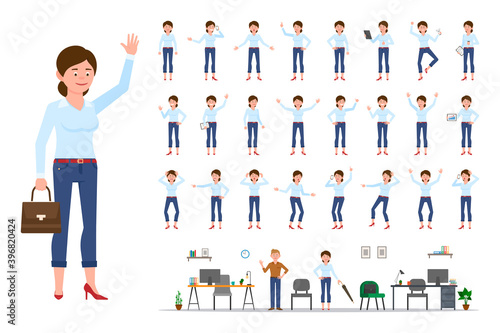 Adult office cartoon character woman in casual clothes waving hand up flat style design vector illustration set. Female person wearing jeans, body poses, face emotions, desk, chair office interior kit