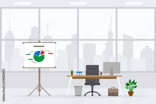 Design of modern empty office working place front view vector illustration. Flat style table, desk, graphite chair, computer, desktop, plant, flip chart isolated on cityscape