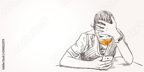 Sketch of teenage girl portrait in face mask for Coronavirus protection New normal. Using smartphone resting her forehead on hand, Vector hand drawn head illustration