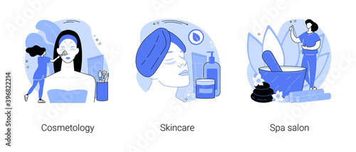 Face treatment abstract concept vector illustration set. Cosmetology and skincare, spa salon, natural cosmetic, eye lifting, body care, aromatherapy, relax massage, wellness abstract metaphor.